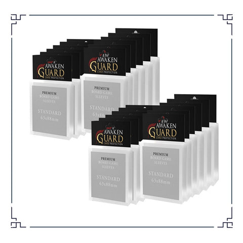 Multiple packs of Awaken Realms’ Lords of Ragnarok: Awaken Guard Sleeves are displayed in two rows with a decorative border on a white background, highlighting essential board game accessories.