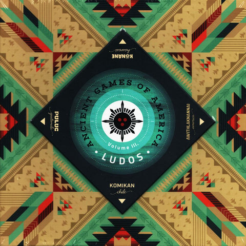 The Ludos: Ancient Games of America board by Lemery Games features a central circular emblem on a diamond-shaped black background, highlighted by a vibrant geometric pattern inspired by Native American designs.