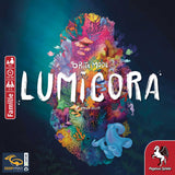 A vibrant underwater coral reef with fish, sea plants, and an octopus serves as the backdrop for Lumicora, with its title in large white letters. Family info, player count, and Pegasus Spiele logos appear on the sides.