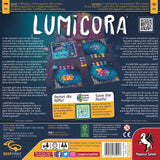 The back of the Lumicora board game box by Pegasus Spiele displays tile-laying game components, setup, and a bilingual (German/English) description, along with vibrant coral reef artwork, icons, company logos, and player details.