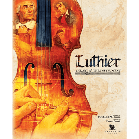 An illustrated Luthier poster from Paverson Games features two hands crafting instruments, faces of renowned luthiers, musical notes flowing through orange hues, and title with credits on the right.