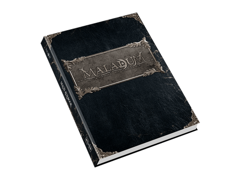 The Maladum: Dungeons of Enveron Deluxe Rulebook by Battle Systems Ltd is a hardcover with an ornate, medieval-style design on a dark textured cover, shown against a plain white background.