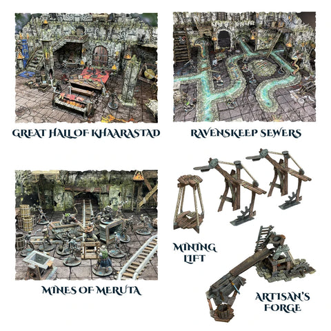 Maladum: Locations of Enveron by Battle Systems Ltd features four tabletop fantasy diorama scenes—stone hall, underground sewers, mining area with figures/equipment, wooden lift/forge—each labeled with its Enveron name.