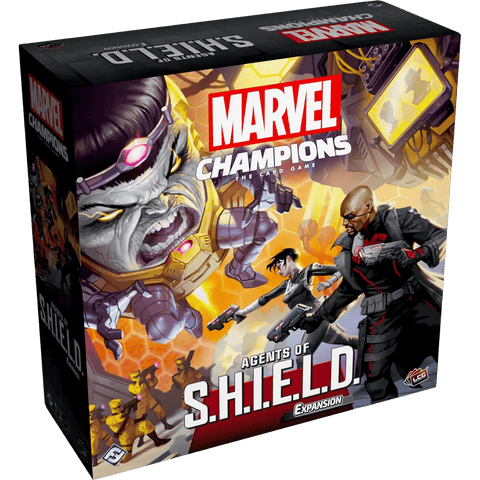 The box cover of Marvel Champions: The Card Game – Agents of S.H.I.E.L.D. Expansion by Fantasy Flight Games shows comic-style art of MODOK, Nick Fury, and S.H.I.E.L.D. agents in action against vivid, dynamic backgrounds.