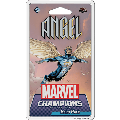 Box art for Marvel Champions: The Card Game – Angel Hero Pack by Fantasy Flight Games shows Angel, a winged hero in blue and white, soaring above clouds with a pastel sky. X-Force and Marvel Champions logos appear at the bottom.