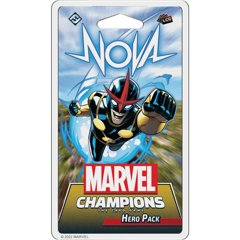 Marvel Champions: The Card Game – Nova Hero Pack by Fantasy Flight Games features dynamic packaging with Nova flying forward against a blue sky. Upgrade your Aggression deck, with the Marvel Champions logo displayed prominently.