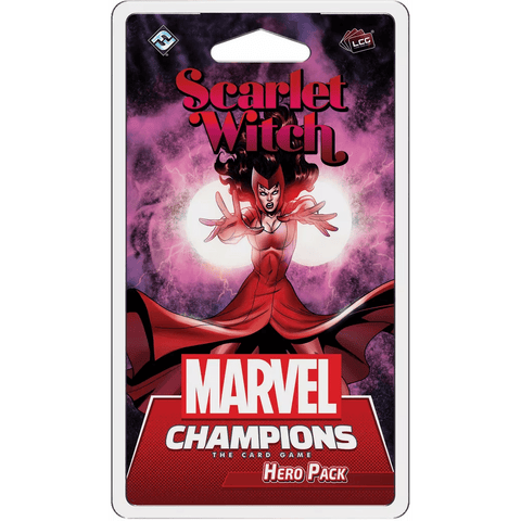 The Marvel Champions: The Card Game – Scarlet Witch Hero Pack by Fantasy Flight Games features Scarlet Witch in a dramatic pose with glowing magic, showcased on striking red and purple packaging.