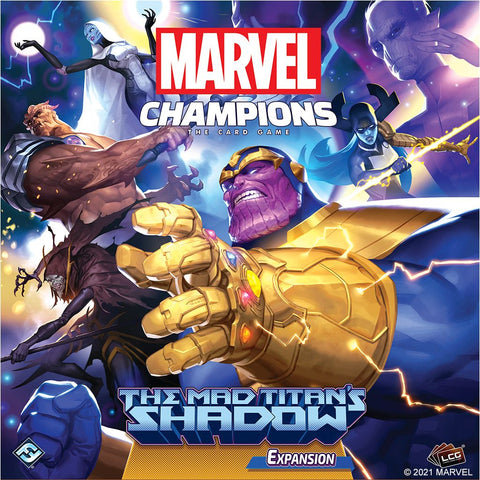 Thanos, with the Infinity Gauntlet, dominates center stage among Marvel icons in this image of Fantasy Flight Games’ Marvel Champions: The Card Game – The Mad Titan’s Shadow Expansion.