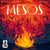 The cover art for Mesos by Pegasus Spiele depicts silhouetted figures with spears, masks, and antlers dancing around a glowing campfire, set against a fiery red-orange background adorned with cave painting symbols.