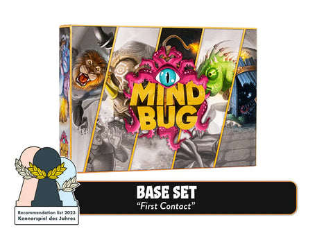 The Mindbug: First Contact box by Nerdlab Games displays vibrant hybrid creatures and a central pink, one-eyed monster, plus a badge for its 2023 Kennerspiel des Jahres recommendation as a top tactical card game.