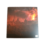A fantasy city skyline at night, gothic spires silhouetted by lightning and an orange explosion—just like a scene from Mistborn: House War Prestige Edition by Crafty Games brought to life.
