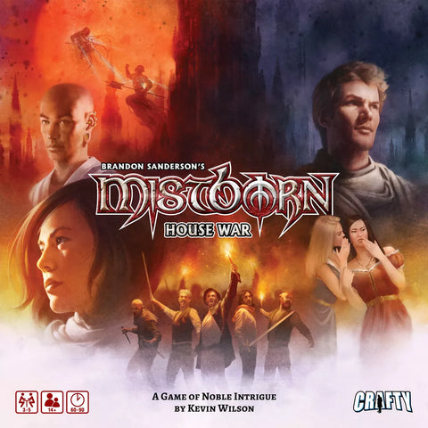 Box cover for Mistborn: House War by Crafty Games, a resource-management board game set in Brandon Sanderson’s world. Features dynamic character portraits, intense battles, and conflict scenes framing the stylized title.
