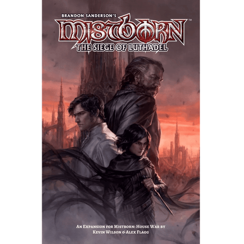 Three characters stand back-to-back before a red, misty city with spiked towers, evoking the Lord Ruler. The title Mistborn: The Siege of Luthadel Expansion is at the top, with Crafty Games credited below.
