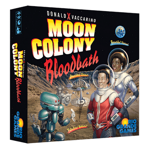 Board game box for 'Moon Colony Bloodbath' featuring astronauts and a robot on a desert landscape.