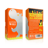 Two colorful game boxes sit side by side. On the left is Oink Games’ Moving Wild, showing a gray hippo on orange. The right box, inspired by national parks, features playful animal and nature illustrations with “NATURE ALL AROUND” in yellow text.