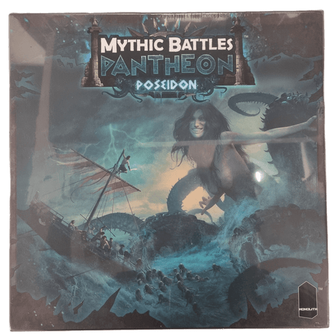 The box of Monolith’s Mythic Battles: Pantheon Poseidon Expansion depicts a colossal woman emerging from stormy blue seas amid ships and sea monsters, creating an epic mythological feel.