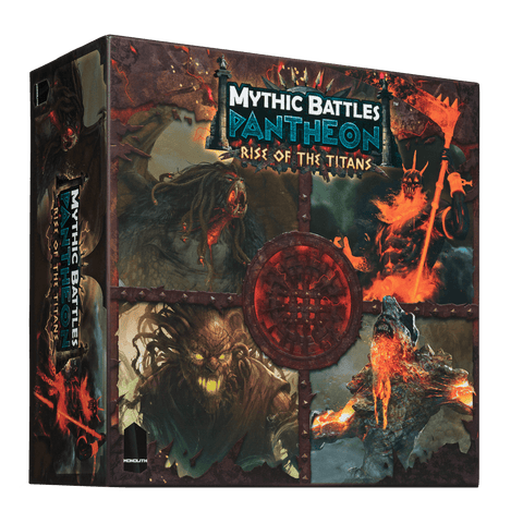 The Mythic Battles: Pantheon Rise of the Titans Expansion by Monolith features striking artwork of giant mythological creatures in battle, capturing the epic Titanomachy, with the game title boldly displayed on the box front.