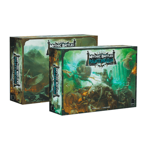 Two boxes for Monolith's Mythic Battles: Pantheon (All Stretch Goals included), featuring epic Greek mythology-inspired artwork of warriors and titans battling before Mount Olympus, all set against a clean white background.