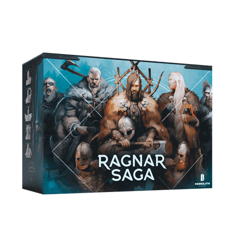 Box for "Mythic Battles: Ragnarök Ragnar Saga Expansion" by Monolith, showing illustrated Viking warriors in fur and armor with weapons and miniatures on a wintry blue background. Bold white title appears at the bottom.