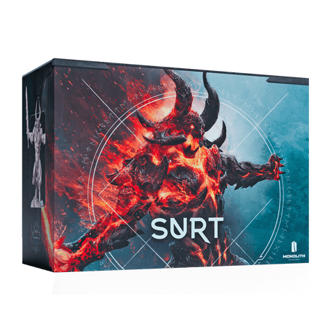 The Mythic Battles: Ragnarök Surt Expansion by Monolith features a game box with a fiery, horned demon adorned with glowing red cracks, the name SURT in bold, Norse runes, and the Monolith logo—a must-have for fans.