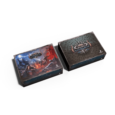 Two Mythic Battles: Ragnarök (All Stretch Goals included) boxes by Monolith; the left displays epic Norse heroes in a vibrant battle, while the right features a patterned design with the game’s logo, evoking classic Norse mythology.