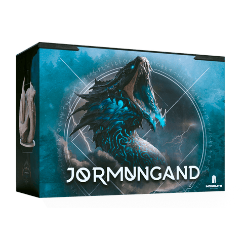 The Mythic Battles: Ragnarök Jörmungand Expansion by Monolith comes in a box illustrated with the Norse serpent Jörmungand roaring amid lightning and runes on a stormy blue background, with the title displayed boldly on the front.
