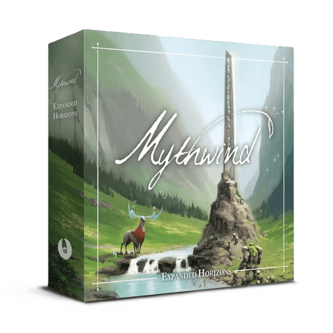 The Mythwind Expanded Horizons Expansion by Open Owl Studios features a fantasy landscape with a stag, hills, and stone pillar on the box, plus an upgrade to support a 5th player in this exciting expansion.