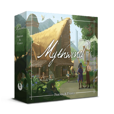 Box cover of Mythwind Friends & Family Expansion by Open Owl Studios showcasing an illustrated village scene with a thatched-roof house, lively characters, playful children, and greenery under a sunny sky.
