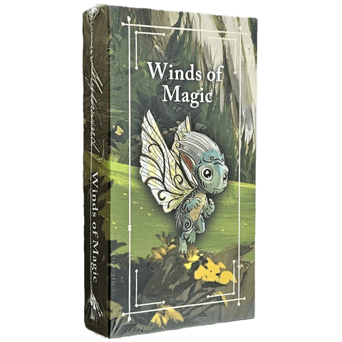 The Mythwind Winds of Magic Expansion by Open Owl Studios is a boxed card game featuring a whimsical, fairy-like creature with insect wings on a green, forest-themed background. The box includes a weather deck and comes sealed in plastic wrap.