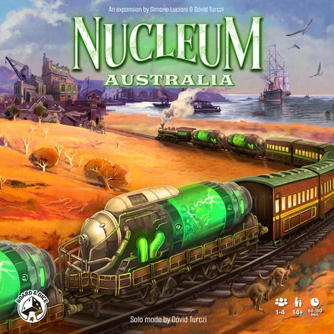The Nucleum Bundle by Board & Dice features cover art of futuristic green-powered trains racing across the reddish outback, with a factory, windmills, ships in the distance, and the title "Nucleum" prominently at the top.