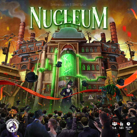 A crowd gathers outside a glowing green industrial building as a woman in Victorian attire lifts a radiant rod; hats and orange ribbons fill the air. "Nucleum" by Board & Dice is displayed at the top.