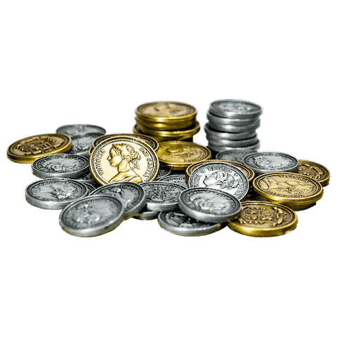 A pile of Obsession: Metal Coins by Kayenta Games, in silver and gold, some stacked and some scattered, featuring embossed designs reminiscent of Victorian-era coins, displayed on a white background.