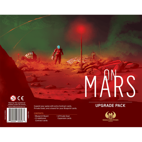 A figure in a spacesuit stands on Mars’ rocky terrain near glowing structures under a dark sky. The text reads “On Mars and Upgrade Pack Bundle” with board game contents and publisher Eagle-Gryphon Games highlighted.