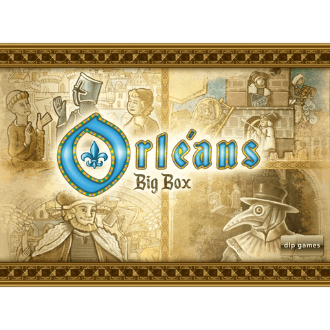 Orléans: Big Box board game cover by DLP Games features detailed medieval art—knight, plague doctor, noble, city scenes—set within ornate borders and includes the DLP Games logo in the corner.