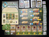 A board game setup for Orléans: The Plague Expansion EN / DE by DLP Games displays the central board, cards, tokens, tiles, player boards, and pieces neatly arranged on a black background.