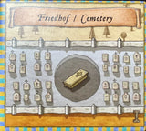 Illustration of a cemetery labeled Friedhof / Cemetery with gravestones and a coffin, capturing the somber mood evoked by Orléans: The Plague Expansion EN / DE from DLP Games. Trees and a path are visible in the background.