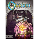 Cover of DLP Games' Orléans: The Plague Expansion EN / DE shows a plague doctor in mask and cloak, with sick people lying in beds in a medieval stone room behind.