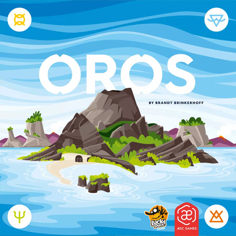 Illustrated board game cover for Oros by Lucky Duck Games, a strategy game featuring a rocky, green island surrounded by water under a blue sky. The cover includes game logos and symbols in the corners and at the bottom.