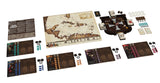 Pax Hispanica by Ion Game Design features a map, player boards with tokens and cards, a ship-shaped board, dice, and other components—all neatly arranged on a white background—ideal for fans of hidden roles or Caribbean strategy games.