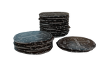 Three uneven stacks of old, weathered coins—like those from Ion Game Design’s Pax Hispanica board game—each display a cross and unique markings. Their dark, worn edges suggest age and use, set on a plain white background.