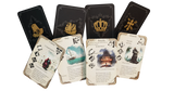 Five ornate gold playing cards stand behind four illustrated game cards showing ships, royalty, a cannon, and rules from Pax Hispanica Deluxe Edition by Ion Game Design, a hidden roles Caribbean strategy board game, on a white background.