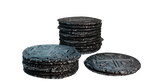 Stacks of old, weathered coins with engraved patterns evoke treasures from Pax Hispanica Deluxe Edition by Ion Game Design, a Caribbean strategy board game with hidden roles, displayed on a plain white background.
