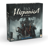 The box cover of Pax Hispanica by Ion Game Design showcases three figures in historical attire and a ship under dramatic lighting, with stylized title text. Hidden roles enhance the intrigue in this Caribbean strategy board game.