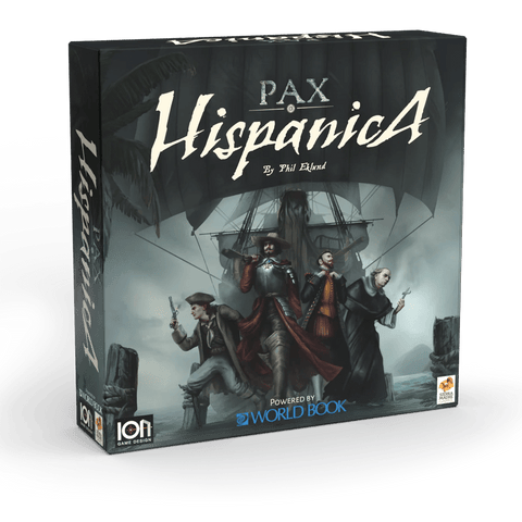 The box cover of Pax Hispanica by Ion Game Design showcases three figures in historical attire and a ship under dramatic lighting, with stylized title text. Hidden roles enhance the intrigue in this Caribbean strategy board game.