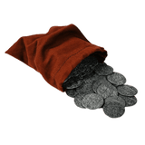 A small red cloth bag from Pax Pamir: Second Edition Metal Coins & Cloth Bag spills intricately designed metal coins onto a white surface.