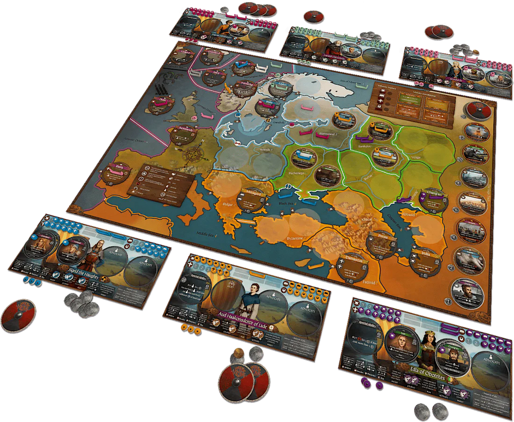 Pax Viking by Ion Game Design is a strategic board game with a detailed Europe map, player boards, tokens, and coins, showcasing complex multiplayer gameplay and rich Viking-era historical strategy components.