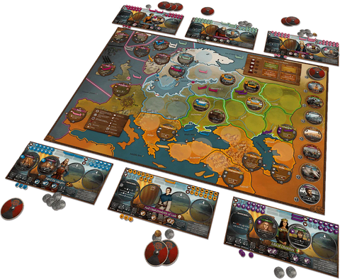 Pax Viking by Ion Game Design is a strategic board game with a detailed Europe map, player boards, tokens, and coins, showcasing complex multiplayer gameplay and rich Viking-era historical strategy components.