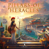 Board game cover titled 'Pillars of Heracles' with a classical scene and character.