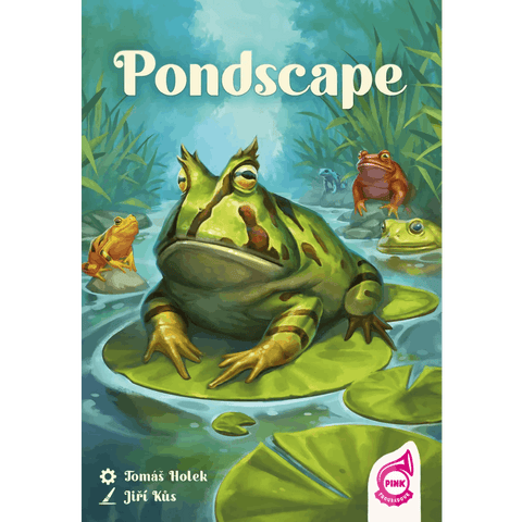 Illustrated cover for Pondscape by Pink Troubadour features a large green frog on a lily pad, three colorful frogs, and lush pond vegetation. The title appears at the top and the authors’ names are displayed at the bottom.