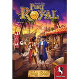 Vibrant box cover for Pegasus Spiele's Port Royal Big Box, a push-your-luck card game for 1-5 players ages 8+, with expansions included. Two pirates in costume chat at a bustling harbor.